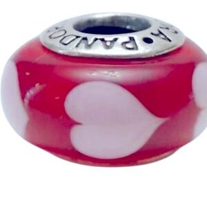 Pandora handcrafted murano glass red white hearts bead Charm 925 silver core